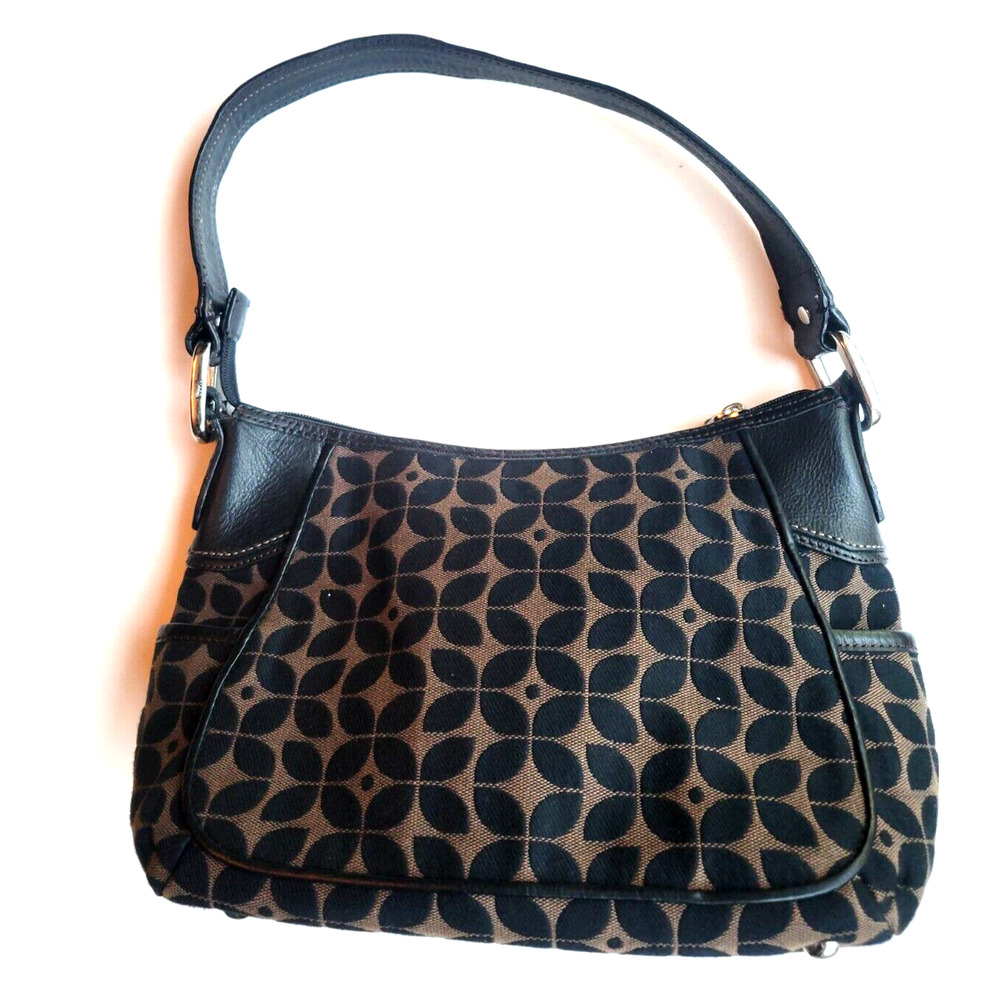 FOSSIL Vintage Signature Canvas Purse Handbag Tote w/ Leather Trim & Compartment